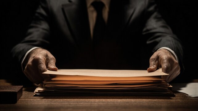 Man in suit holding stack of secret documents. Official government agent reviewing classified extraterrestrial file. Disclosure of ufo information and mystery data investigation concept.