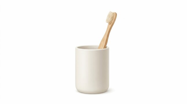 Bamboo toothbrush in a white ceramic holder isolated on white background.