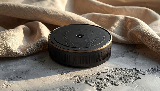 Smart home robot vacuum cleaner on textured surface with fabric backdrop
