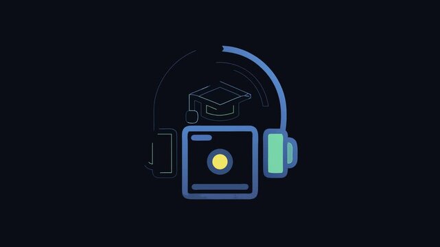 Online learning concept with headphones and graduation cap icon