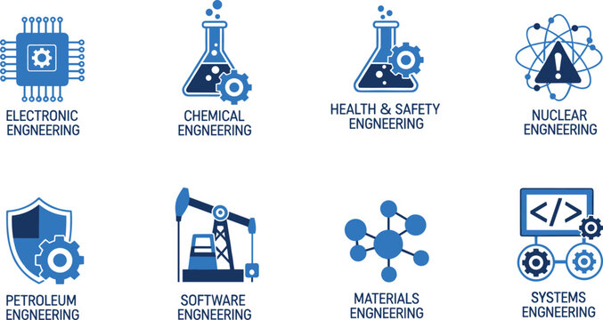 Icons representing different engineering disciplines like electronics chemical and software engineering.