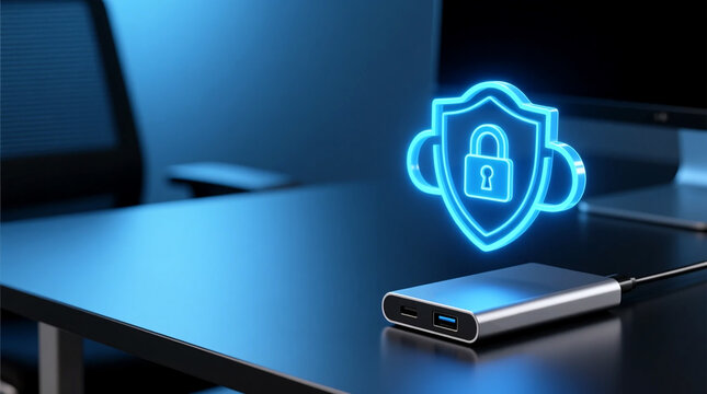 Holographic shield securing external storage on desk representing digital privacy business element for cloud data protection and cybersecurity blue background