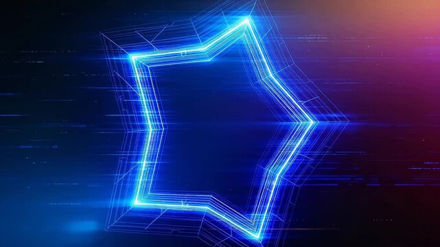 Blue neon polyhedral geometric frame glowing in dark sci-fi space