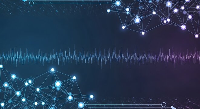 Vibrant network nodes connect in a futuristic sound wave visualization on a dark background with glowing lines.