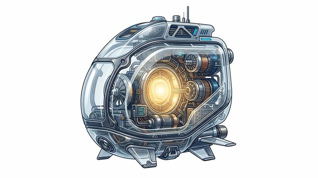 Futuristic transparent technology pod with glowing core energy source.