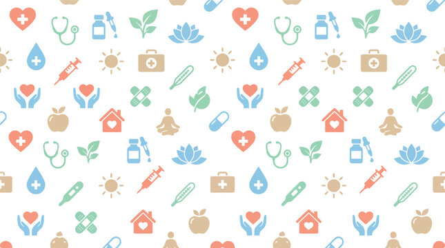 Colorful pattern of small icons including houses, hearts, leaves, flowers, birds, and cameras.