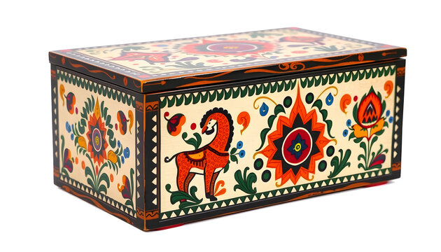 A vintage hand-painted wooden dowry trunk chest box, filled with vibrant traditional Indian patterns and a central animal motif, isolated on a white background, studio photography.