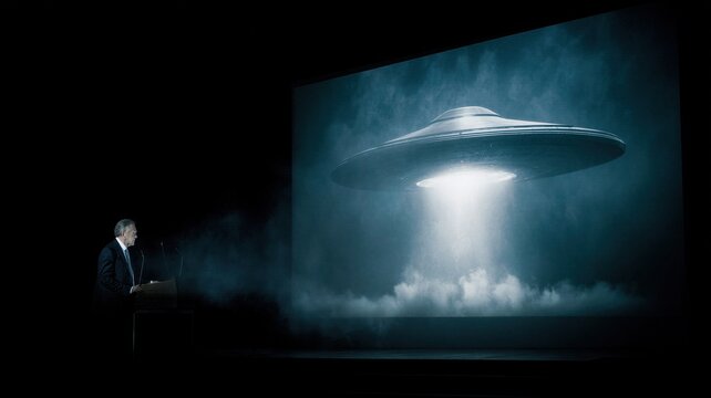 Man politician speaking on stage about government ufo declassification. Alien spaceship projection on large screen in dark room. Mysterious extraterrestrial contact disclosure event.