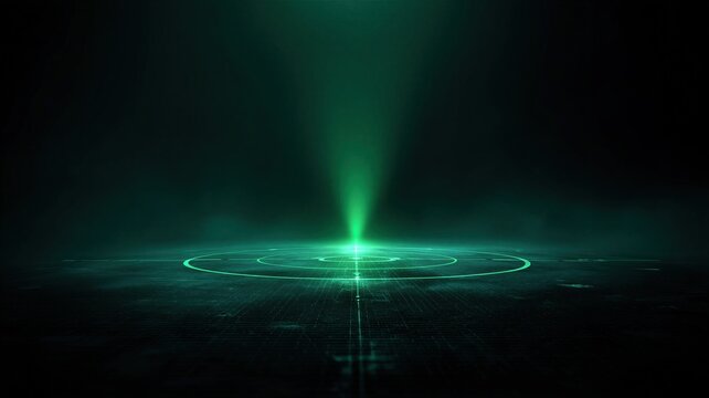 Glowing green beam of light descending onto digital radar grid. Unidentified flying object detection and government file declassification concept. Sci-fi space observation and mystery.