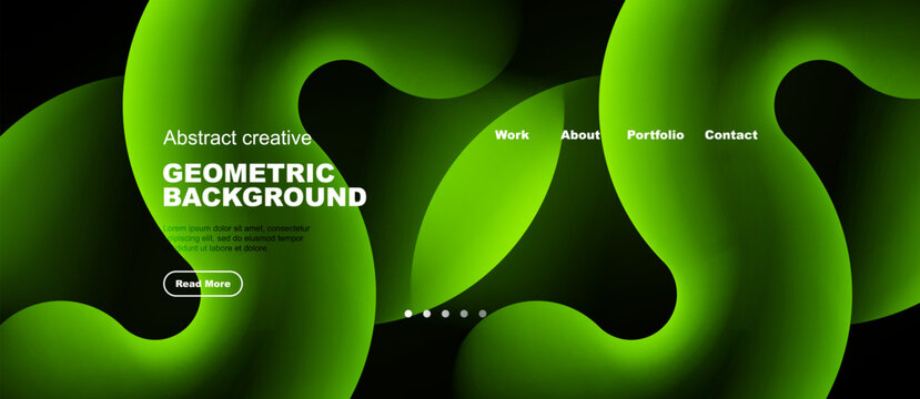 Abstract green waves form dynamic backdrop. Text highlights geometric design, navigation present. Modern, fluid aesthetic.