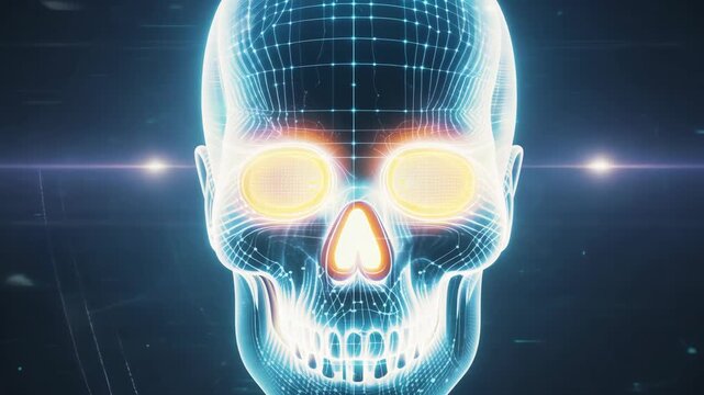 3D holographic skull model with glowing eyes transitions through three frames, showcasing intricate details and grid patterns against a dark background