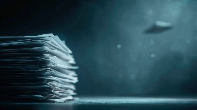 Stack of documents revealing secret government information about Ufo sighting. Declassified files with mysterious spacecraft flying in background. Investigative report on alien life phenomena.