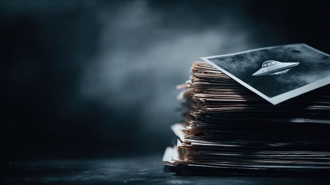 Stack of classified documents with an old photograph of a flying saucer on top. Investigation of restricted government UFO files and secret alien evidence in a dark archive room.