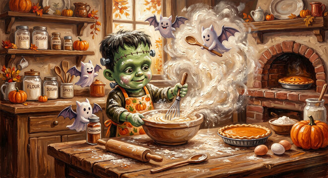 Whimsical Halloween baking scene with a cute Frankenstein monster child making pumpkin pie in a cozy, rustic kitchen with friendly ghost bats. Charming autumn illustration.