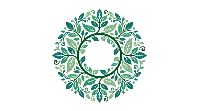 Green Leafy Wreath Mandala, Nature Inspired Circular Design, Organic Border Art