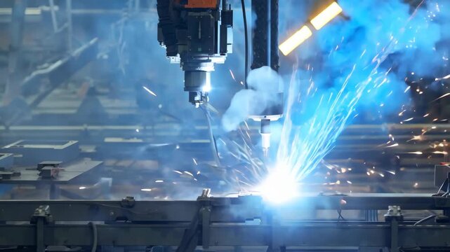 Industrial robotic welding machine emits sparks and blue smoke while performing metal fabrication in a well-lit manufacturing workshop environment