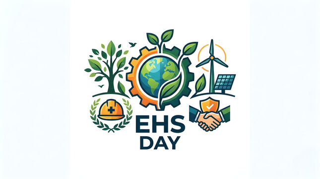 EHS Day Vector Logo Design for Environment Health and Safety Campaign with Globe Gear Safety Helmet Wind Turbine and Solar Panel Elements