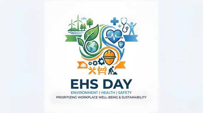 EHS Day Vector Logo Design for Environment Health and Safety Campaign with Globe Gear Safety Helmet Wind Turbine and Solar Panel Elements