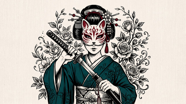 Geisha with Kitsune Mask Holding Katana Sword Surrounded by Roses.