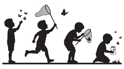 Children Catching Butterflies With Nets Black Silhouette © Layla