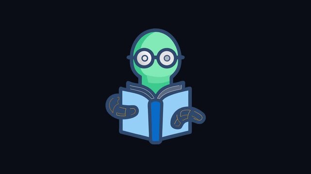 Cartoon alien reading book icon with flat design style