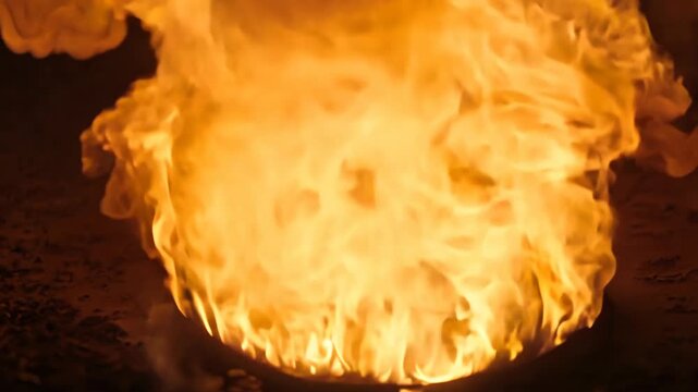Bright flames erupt from a circular metal container, creating a vibrant fireball that intensifies and expands in a dark outdoor setting with visible ground texture