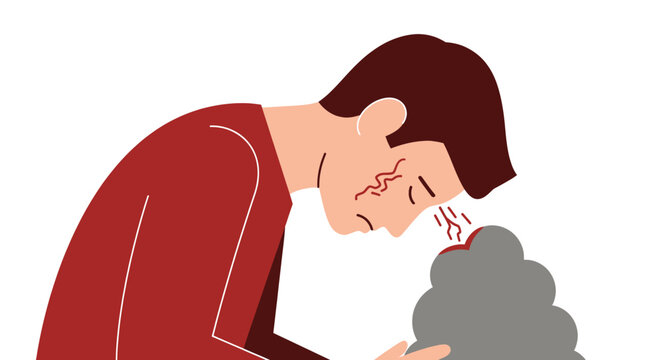 A man experiencing discomfort or pain, possibly from a strong odor or allergen, with red lines on his face and forehead.