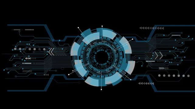 Abstract futuristic display HUD animation featuring a rotating digital circular interface with binary code and circuit board elements.