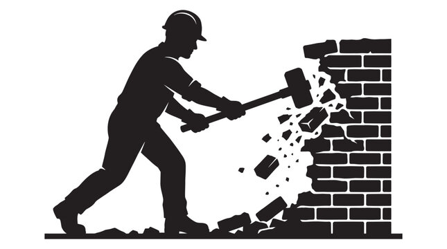 Construction worker breaking brick wall with hammer black silhouette