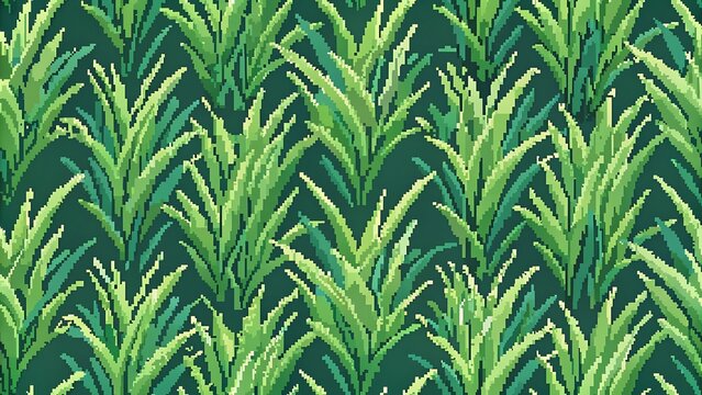 Seamless pixelated grass pattern background featuring stylized green blades in a retro 8-bit gaming style