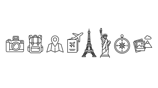 Comprehensive collection of travel adventure icons including eiffel tower statue of liberty compass passport backpack and camera graphics.