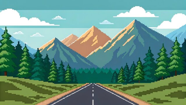 Pixel art landscape featuring a scenic road leading towards majestic mountains and a lush pine tree forest