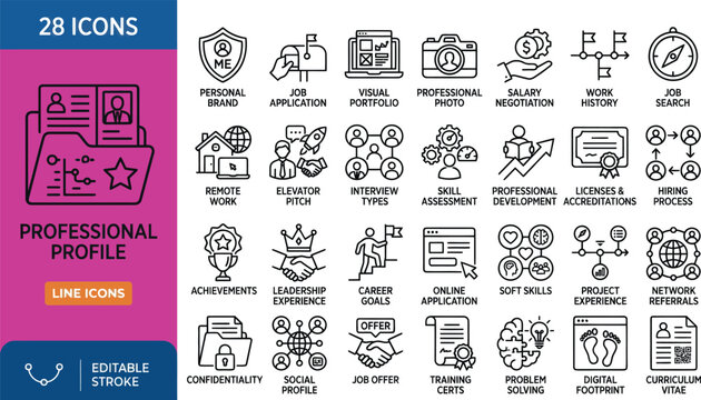 Set of 28 professional career and job search sketch icons Vector, illustration