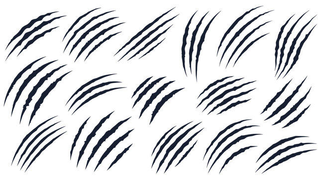 Set of various sharp claw scratch mark designs in black representing different animal attacks or nail marks on a white background.