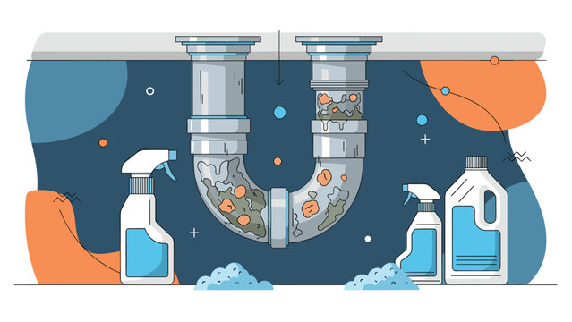 Illustration of a clogged sink drain pipe filled with debris next to various cleaning detergent bottles and soap bubbles in vector art.