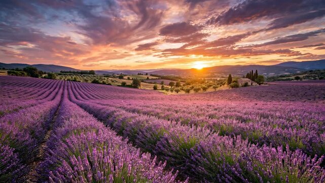 Panning shot over lavender fields at sunset, gliding along purple rows toward distant farmhouse and golden horizon, tranquil countryside.