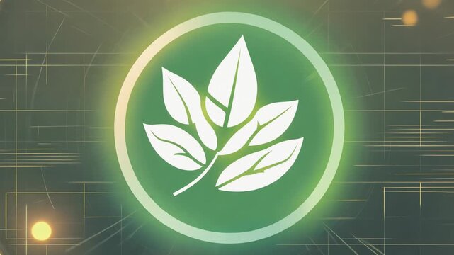 Circular animation of green leaves logo transitions through glowing effects, showcasing vibrant colors and dynamic light patterns in a digital environment