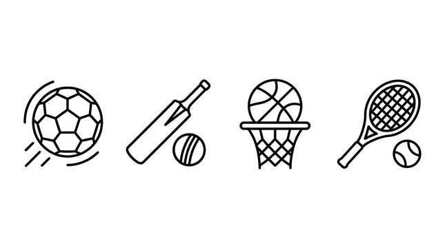Collection of four linear icons showcasing sports equipment including soccer ball cricket bat basketball net and tennis racket with ball.