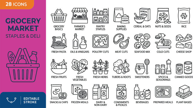 Grocery food store outline icons set Vector, illustration