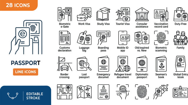 Set of passport and travel document line icons Vector, illustration