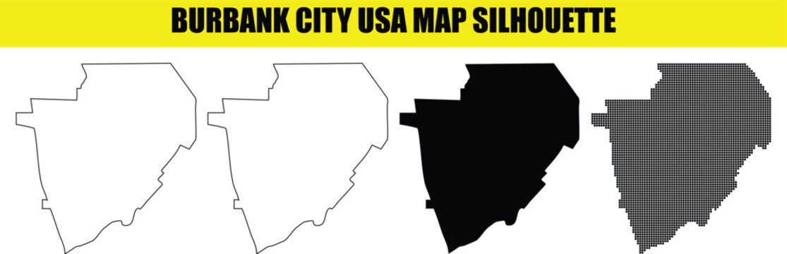 Burbank city map silhouette collection showing outlined filled and dotted graphic styles for design projects.