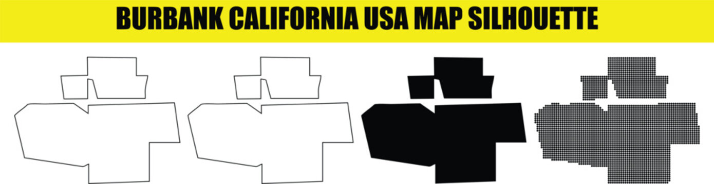 Burbank california map silhouette collection showing outlined filled and dotted graphic styles for design work.