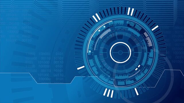 Abstract futuristic blue  display HUD animation featuring a rotating digital circular interface with binary code and circuit board elements.
