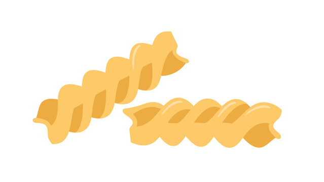 Detailed close up illustration of two pieces of twisted fusilli pasta showing the characteristic spiral shape and golden color.