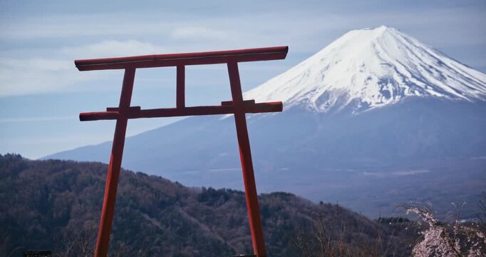 Medium shot of ancient torii gate with majestic view of legendary Mt. Fuji
