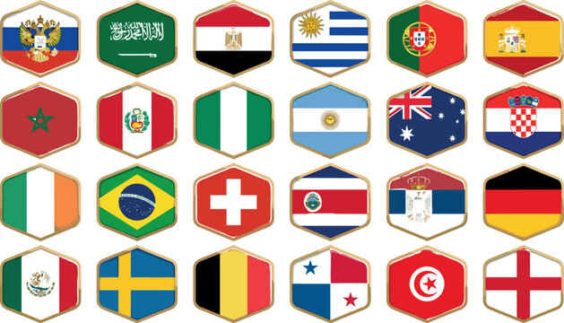 World Cup Championship Flag Icon Set Featuring National Country Flags Inside Golden Hexagon Badges for Sports Tournament and Global Event Vectors