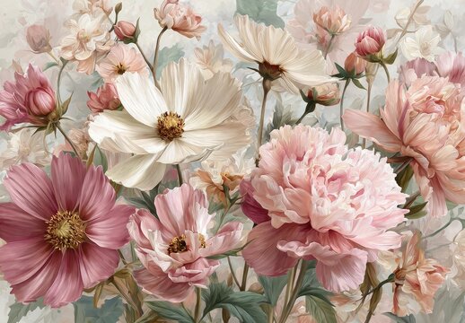 Watercolor floral painting featuring a bouquet of pink and white peonies and cosmos. Soft, blurred background with light and shadow