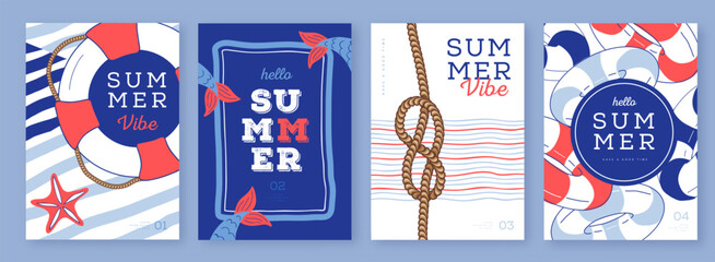 Set of summer striped sea vacation posters or covers with inflatable swim rings. Summer vibe backgrounds. Vector illustration © annbozhko