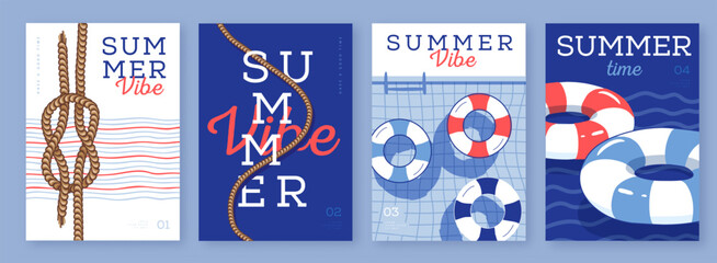Obraz premium Set of summer striped sea vacation posters or covers with inflatable swim rings. Summer vibe backgrounds. Vector illustration