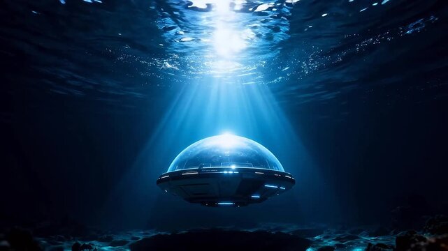 Underwater futuristic spherical dome structure illuminated by light beams